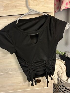 Black Ruched Drawstring Crop Top - Women